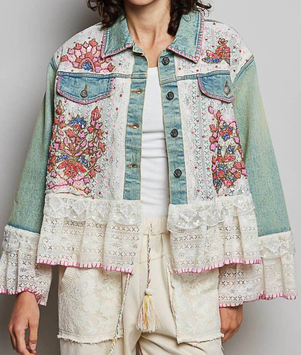 NEW POL boho embroidered lace trim jacket in denim